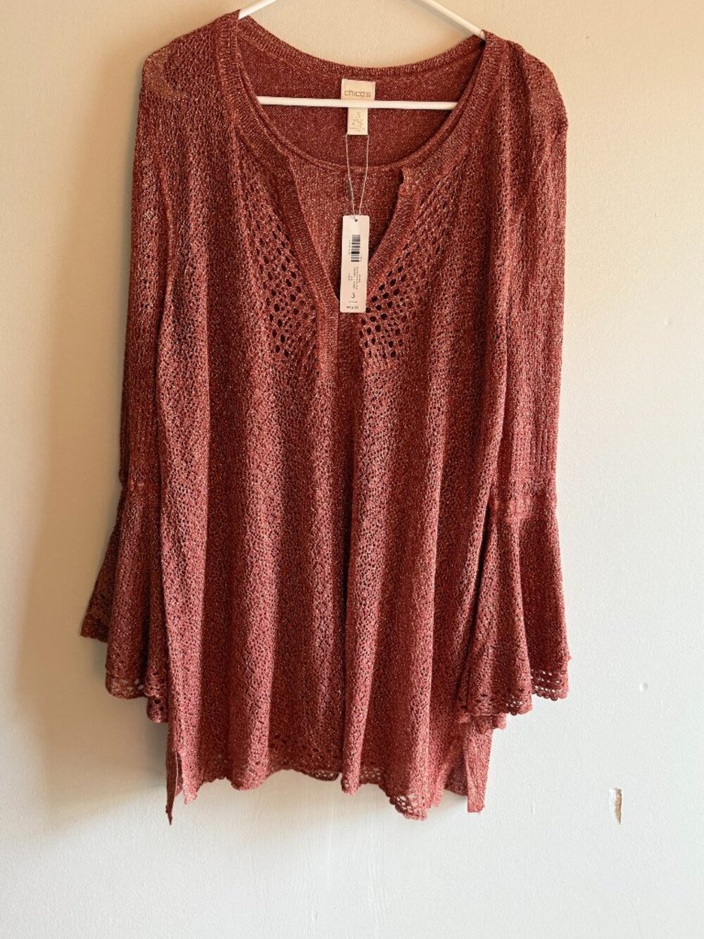 NWT Chico's Metallic Open Knit Bell Sleeve Tunic Rust Copper Size 3 XL